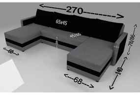 Kárpitozott, univerzális, kihúzható U alakú BRISTOL ülőgarnitúra, szürke/fekete
