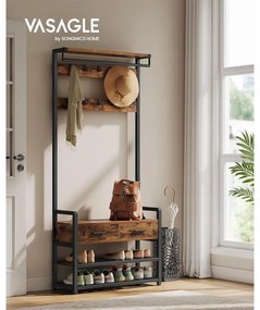 Előszobafal ülőkével, cipőtárolóval,szövetfiókkal,30 x 80,4 x 181,6 cm, rusztikus barna/fekete