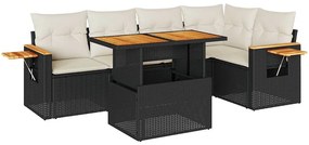 6 részes fekete polyrattan akácfa kerti ülőgarnitúra párnákkal