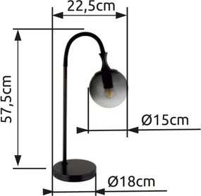 Globo 15885T Asztali lámpa fém fekete matt, füstszínű üveg búra, fekete PVC kábel, billenőkapcsoló a kábelen, HxSzxM: 225x180x575mm, kábel hossza 1800mm, 1x E27 ILLU 10W 230V izzó nélkül