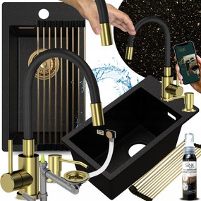 Egykamrás Gránit Mosogató Arany, flexibilis csaptelep Kicsi Keskeny