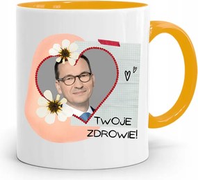 Sárga Politikus Bögre Mateusz Morawiecki Miniszterelnök fényképes nyomtatással