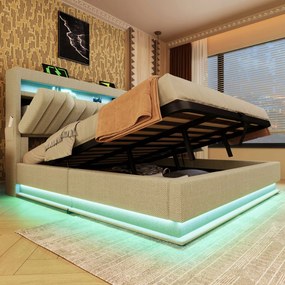 Kárpitozott ágy Hidraulikus Led Usb C 140x200cm Bézs+Matrac