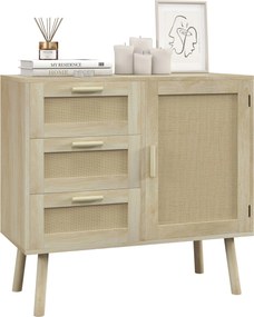 HOMCOM Sokoldalú Boho Stílusú Szekrény Ajtóval és 3 Fiókkal Fából és Rattanból, 80x36x75 cm, Tölgy | Aosom