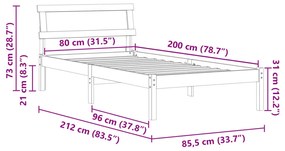 Ágykeret Fejtámlával és LED-del 80x200 cm Tömör Fenyő Fa
