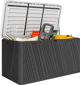 Outsunny 380L Kültéri Tárolódoboz Gázrugós Fedéllel és 2 Oldalfogantyúval, Vízálló HDPE Kültéri Tároló Pad, UV Védelem, 115x60x60 cm, Fekete és Szürke