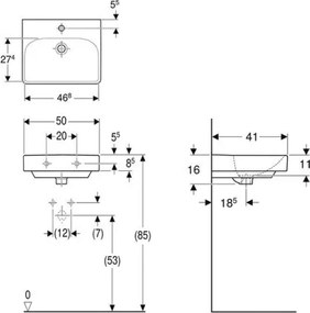 Geberit 500.256.01.1 - Smyle Square függesztett mosdó 50x41 cm kerámia/fehér