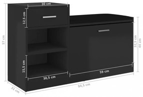 magasfényű fekete szerelt fa cipőtároló pad 94,5 x 31 x 57 cm