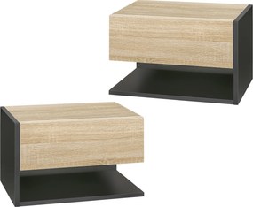 HOMCOM 2 Darab F Floating Éjjeliszekrény 1 Fiókkal és Nyitott Polccal, 46x30x30 cm Tölgy és Fekete | Aosom