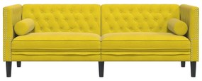 3 személyes sárga bársony Chesterfield kanapé hengerpárnákkal