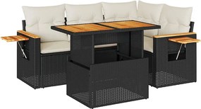 vidaXL 5 részes fekete polyrattan akácfa kerti kanapészett párnákkal
