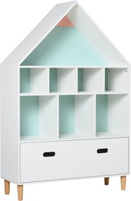 HOMCOM Gyermek Fa Könyvespolc Ház Formájú Könyvespolc 8 Nyitott Rekesszel és Két Színű Fiókkal 82x30x126 cm Fehér | Aosom