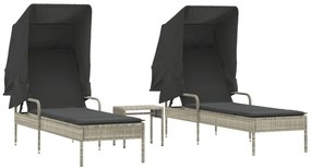 2 db világosszürke polyrattan napozóágy tetővel és asztallal