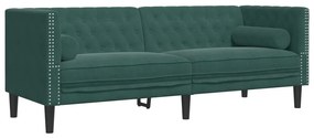 3 személyes sötétzöld bársony Chesterfield kanapé párnákkal