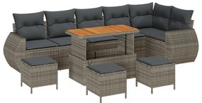 10 darabos kerti kanapé szett párnákkal szürke poli rattan akáciával, 4 darabos kerti étkező szett párnákkal szürke poli rattan akáciával