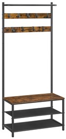 Előszoba fogas, kabáttartó, cipőtároló paddal, rusztikus barna 64x32x180cm