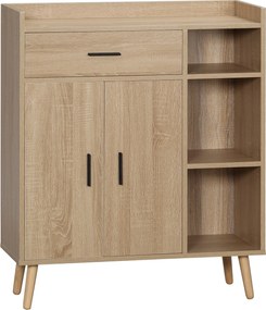 HOMCOM Modern Nappali Vitrineszekrény 2 Ajtóval, 1 Fiókkal és 3 Nyitott Polccal, Tárolóegység Konyhába, Hálószobába és Előszobába, Antikibillentési Re