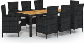 vidaXL 9 részes fekete polyrattan kültéri étkezőszett párnákkal