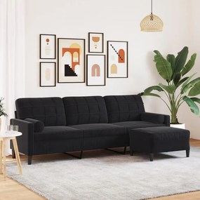 3 személyes fekete bársony kanapé lábtartóval 210 cm