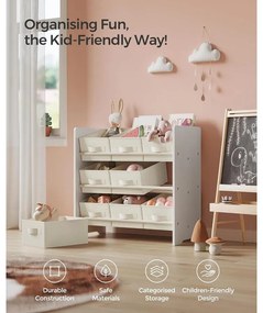 Gyerek játékpolc,  9 tárolódobozzal,  textil, tágas, 29,5 x 62,5 x 60 cm, felhő fehér