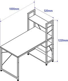 Polcos íróasztal / számítógépasztal 100×52 cm, masszív fém vázzal, fekete–sonoma tölgy – Intenso Home