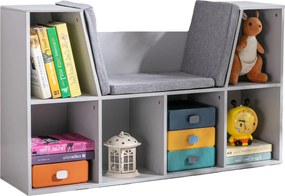 HOMCOM Gyermekkönyves Polc Puffal, 6 Rekeszes Gyerek Pad, 3 Párnás Tárolódoboz 3 Éves Kortól, Szürke, 103 x 30 x 62 cm | Aosom