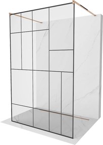 Mexen Kioto, átmenő zuhanyparaván 130 x 200 cm, 8 mm-es üveg átlátszó/fekete mintás, 2x rózsaszín arany stabilizáló távtartó, 800-130-002-60-78