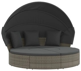 Szürke polyrattan kültéri napozóágy napellenzővel és párnákkal