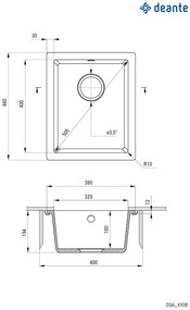 Deante Corda, gránit mosogató a lemez alatt 380x460x194 mm, 3,5"+ helytakarékos szifon, 1kamrás, antracit metál, ZQA_T10B