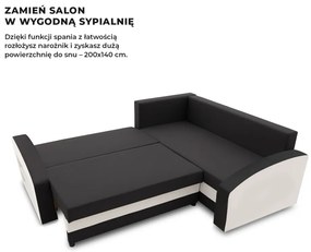 Grande sarokkanapé polcokkal , polc a bal karfaban, jobboldali, szövet anyag, hab töltet, fekete - fehér