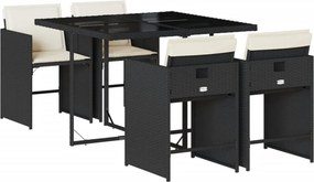 vidaXL 5 részes fekete polyrattan kerti étkezőgarnitúra párnákkal