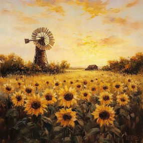 Vászonkép Canvas Tájkép Falu Mező Napraforgók Virágok Szélmalom 80x80