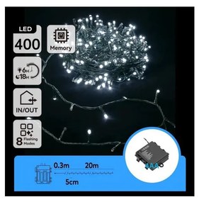 Aigostar - kültéri LED karácsonyi fényfüzér, 400 LED / 8 világítási mód, 4×AA, 20,3 m, hideg fehér