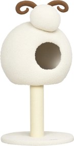 PawHut Macskafák, 80 cm, Macskabútor Macska Barlanggal, Kecske Mintás Kaparóoszlop, Mászófa Sizál Zsinórral és Plüss Kerettel, Krémfehér | Aosom