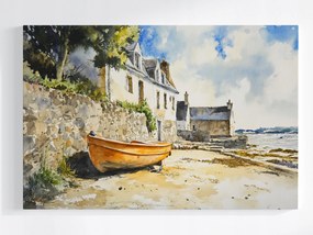 Vászonkép Canvas Akvarell Tájkép Tenger Hajó Tengerpart Ház Tengerpart 60x40