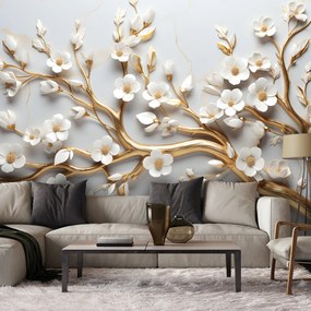 Gario Fotótapéta Arany ág fehér magnólia virágokkal Anyag: Vlies, Méret: 400 x 280 cm