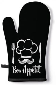 Pamut edényfogó kesztyű fekete fehér Bon Appetit felirattal