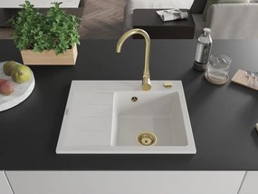Mexen Ben gránit mosogató egy tálcás lecsöpögtetővel, jobb oldali 600 x 500 mm, fehér, arany szifonnal - 6523605000-20-G