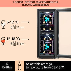 Klarstein Shiraz 12 Duo borhűtő, 42 liter, 12 palack, 2 zóna, 5-12 / 12-18 °C, érintős