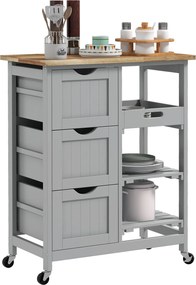 HOMCOM Konyhai Kocsi Kerekekkel Fából készült Felülettel, 3 Fiókos, 2 Nyitott Polcos, Eltávolítható Tálcás a Nappaliba, Étkezőbe - 67x37x85.5 cm | Aos