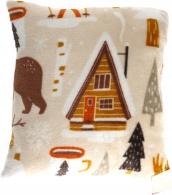 Bézs párnahuzat macis és téli házikó motívummal téli párnahuzat