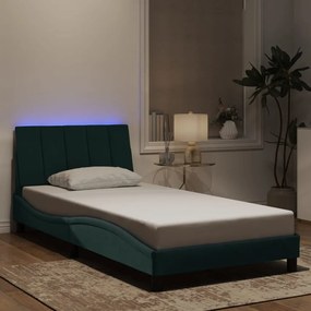 sötétzöld bársony ágykeret LED-világítással 100 x 200 cm