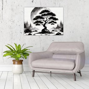 Üveg kép – Fekete-fehér bonsai (70x50 cm)