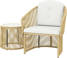 Outsunny 3 részes krémfehér rattan bistro szett — kerek üvegasztal és 2 párnázott szék | Aosom