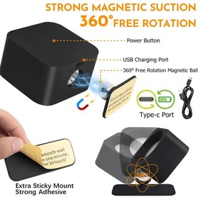 Vezeték nélküli mágneses LED lámpa az ágy fölé - fekete