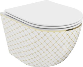 Mexen Lena Rimless WC csésze lassan záródó slim duroplaszt üléssel, fehér/arany rácsos minta - 30224009