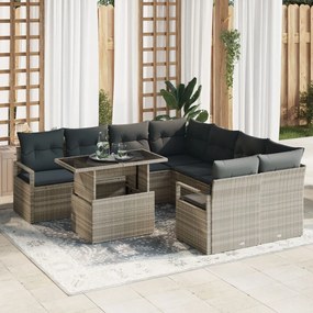 9 darabos kert kanapészett párnákkal világosszürke poli rattan, 2 fős kert kanapé párnákkal szürke poli rattan