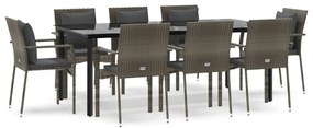 vidaXL 9 részes fekete és szürke polyrattan kerti étkezőszett párnával