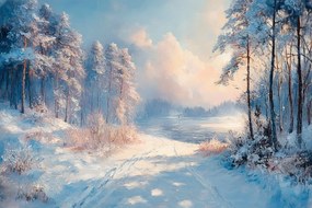 Vászonkép Canvas Tájkép Erdő Tó Út Tél Hó Fagy 120x80