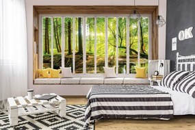 Fotótapéta - Napos kilátás az erdőre - ablak (152,5x104 cm)